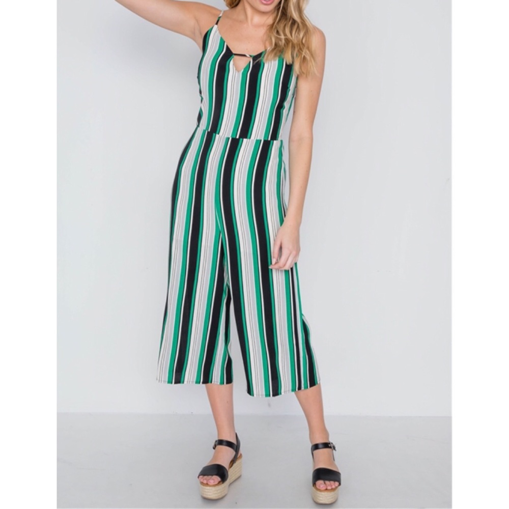 GREEN STRIPE CAMI WIDE LEG CAPRI JUMPSUIT